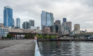 Seattle Downtown and Aquarium from Pier 62 — Stock Photo #113450764 Panoramic view of Seattle Downtown and Aquarium from Pier 62